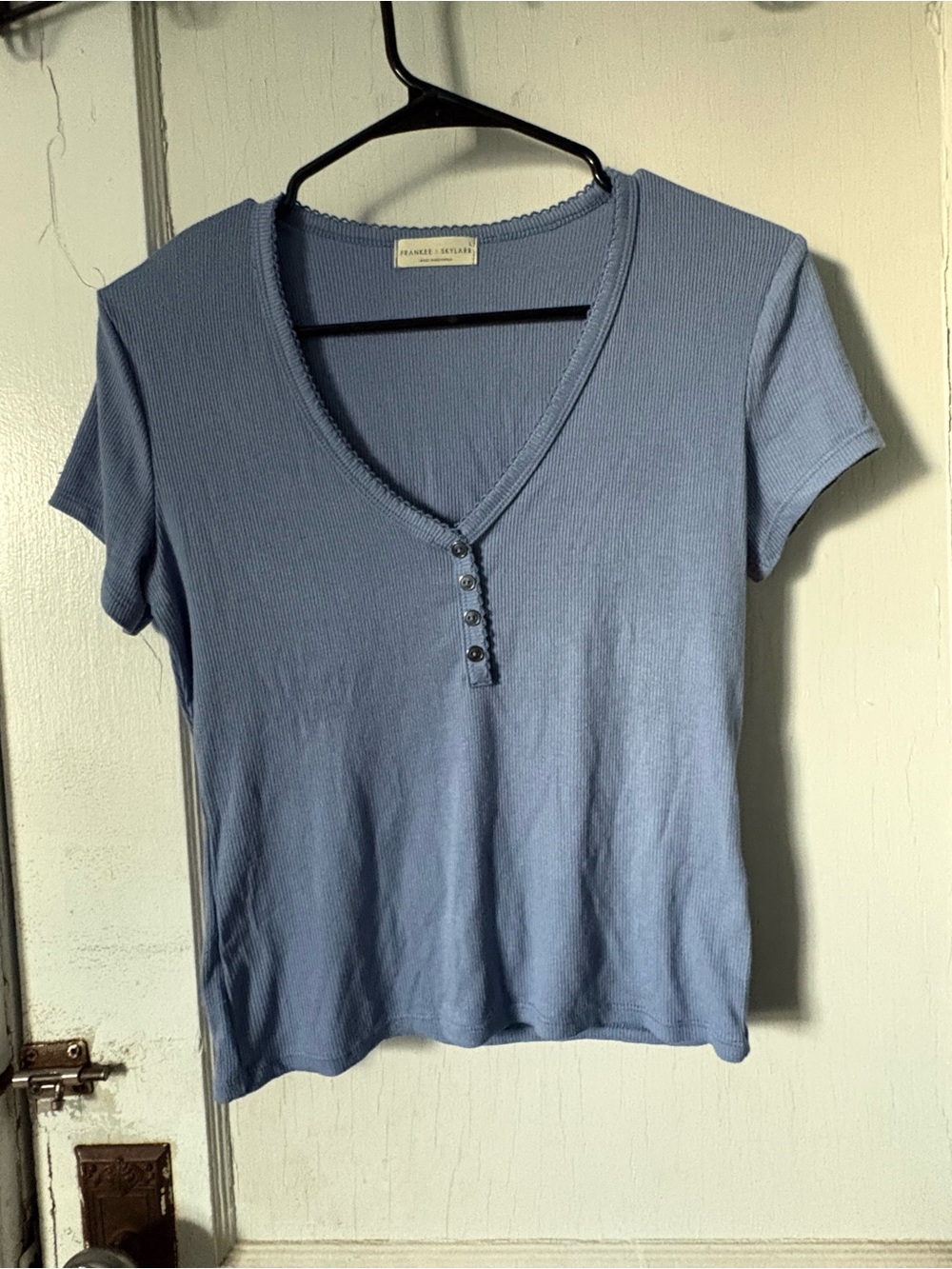 Blue Ribbed V-Neck Henley Tee